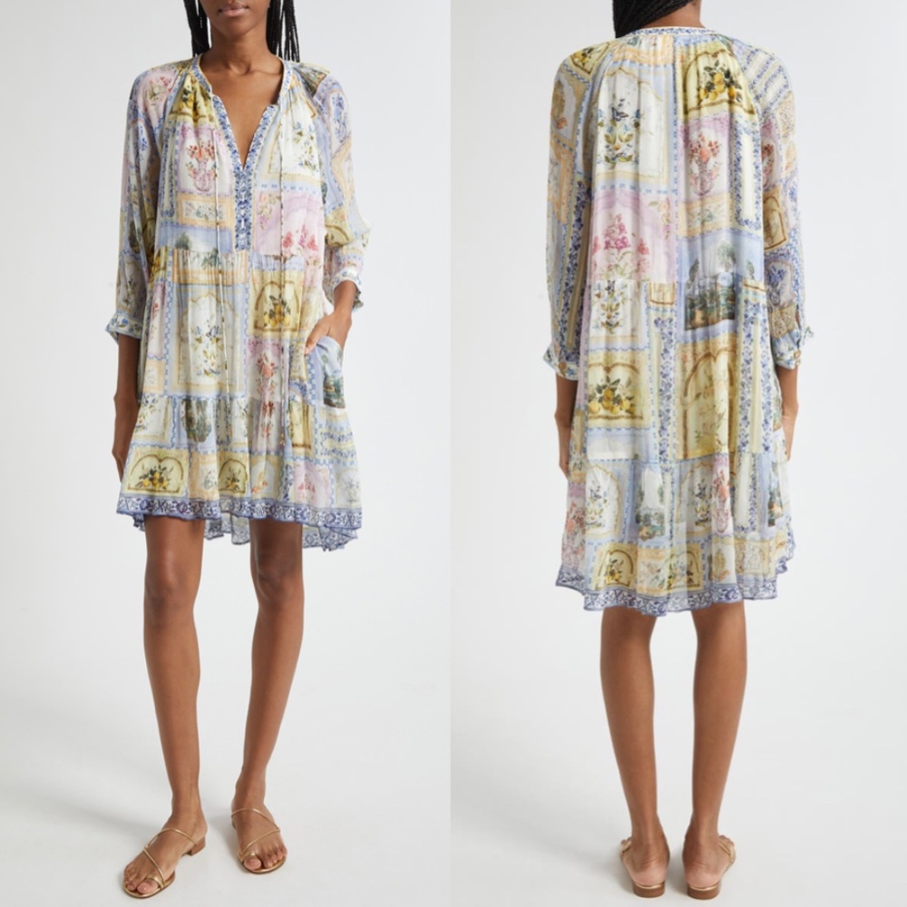Camilla Gathered Panel Silk Mini Shirt Dress Botanical Ballads Large NWT